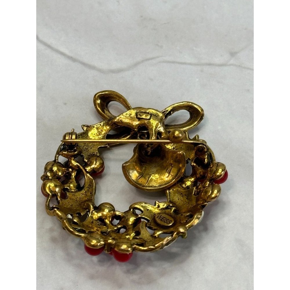 Vintage Weiss Enamel Wreath Golden Bell Christamas Brooch - Picture 6 of 7